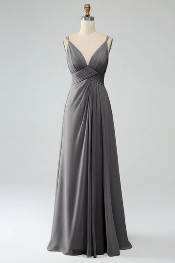 Gris acero A-Line Spaghetti Trapes Plisado Gasa Largo Vestido De Dama De Honor